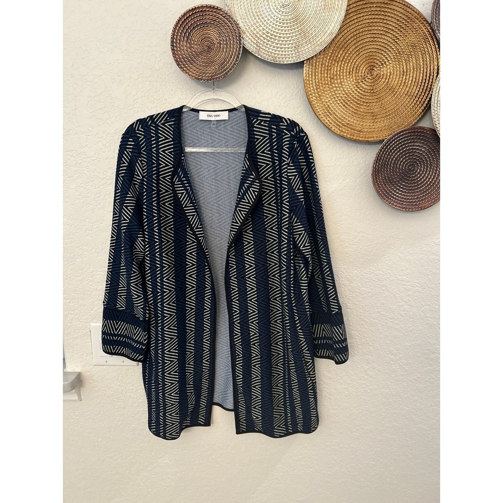 Jones Studio blue and black geometric pattern open-front cardigan Large - Picture 1 of 5